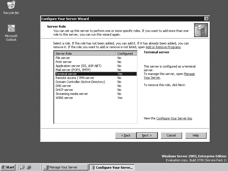 Service Options in Windows Server 2003