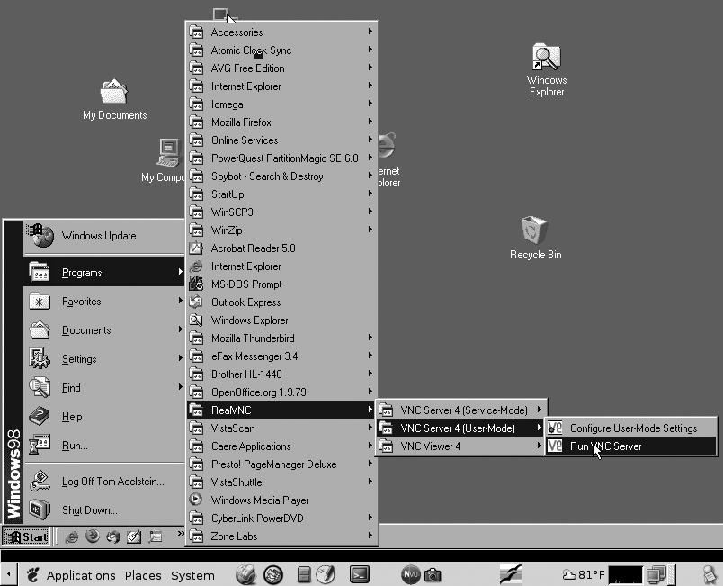 Launching WinVNC Server from the RealVNC group in the Start menu