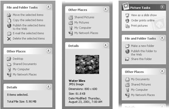 The task pane is divided into functional blocks: tasks at top, places below that, file and folder info below that. If the pane becomes too long, you can either use the scroll bar or collapse sections of the pane by clicking the round buttons. Middle: When you click a file, you get its specs or a preview of its contents. Right: Depending on the folder template you’ve chosen, you may get picture- or music-specific tasks.