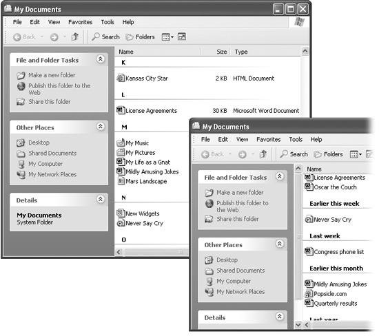 Show in Groups is a useful new view option (availabel in all views except Filmstrip and List) that superimposes a set of “filing tabs” on any window, with headings that reflect the date, size, name, type, and so on. It’s perfect for scanning a crowded list. These examples show sorting by name (left) and by modified date (right). In the My Computer window, the effect is slightly different: Your folders and disks are listed in headings called, for example, Files Stored on This Computer, Hard Disk Drives, and Devices with Removable Storage.