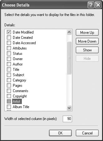 The range of information you can display in the window is robust enough to satisfy even the terminally curious. Some of the characteristics listed here are for specific types of files. For example, you won’t need a column for Audio Formations in a folder that holds word processing documents.