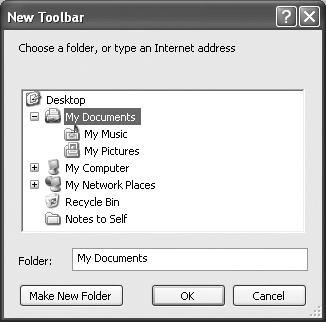 The major folders of your computer are displayed in the New Toolbar dialog box. Click the + sign to expand a disk or folder—and continue to expand disks and folders—until you find the folder you’re seeking. Or you can create a new folder for your toolbar anywhere on the hard drive.