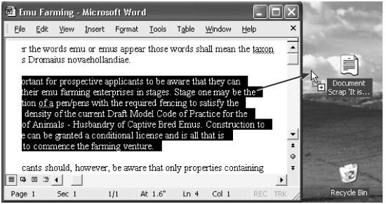 A Scrap file will appear when you drag material out of the document window and onto the desktop. Its icon depends on the kind of material contained within, as shown here at left. You can view a clipping just by double-clicking it, so that it opens into its own window (right).