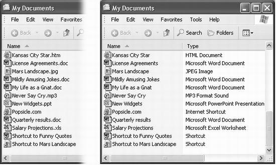Windows lets you see the filename extensions only when it doesn’t recognize them. Right: If Windows recognizes the filename extension on an icon, it hides the extension (look closely at the filenames). Left: You can ask Windows to display all extensions, all the time.