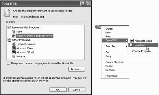 Left: Windows is prepared to show you a list of every program that can open the mystery file. Scroll through the list of installed programs to select the one you want. By turning on the checkbox at the bottom of the dialog box, you create a file association that will handle similar files (those with the same file extension) in the future. Right: A shortcut to the dialog box shown at left is the Open With→Choose Program shortcut menu.