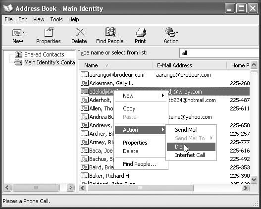 Left column: Generally you can ignore this business of identities, a system of separating the address books and email collections of several people who share the same PC. The Windows XP user accounts feature described in Chapter 17 is a far superior method of keeping everybody’s stuff separate. Lower right: Right-clicking a name in your address book produces a shortcut menu that offers such useful commands as Send Mail and Dial.