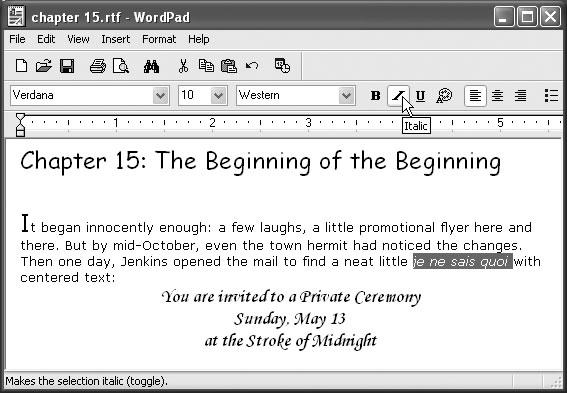 WordPad has menu bars, toolbars, rulers, and plenty of other familiar Windows features. Unlike Notepad, WordPad lets you use bold and italic formatting to enhance the appearance of your text. You can even insert graphics, sounds, movies, and other OLE objects (see Chapter 5).