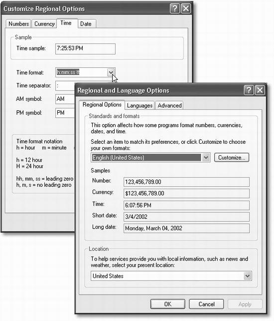 Lower right: The Regional Options tab is a summary of the crazy settings that you can change by clicking the Customize button—which opens the Customize Regional Options dialog box, shown at top left. Top left: The changes you make here are reflected in the date and time stamps on your files located in list-view folder windows, and in Microsoft Excel (in the case of your Currency-tab choices).