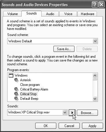 The Program Events list box presents every conceivable category in which a sound is played: Windows, NetMeeting, Windows Explorer, and so on. (The installers for some programs—America Online, for example—may add categories of their own.)