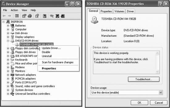 Left: The Device Manager dialog box shows you where every dollar of your PC’s purchase price went. Click a + sign to see exactly which CD-ROM drive, floppy circuitry, or other hardware you currently have. Right: Double-clicking a component (or right-clicking it and choosing Properties, as shown at left) lets you read about its specs.