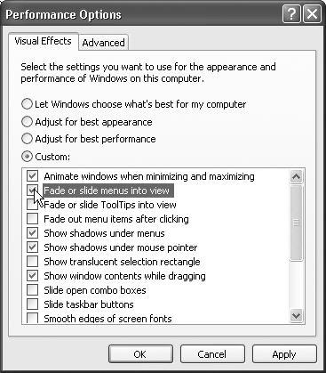 Performance means speed. Depending on the speed and age of your machine, you may find that turning off all of these checkboxes produces a snappier, more responsive PC—if a bit less Macintosh-esque. (Leave “Use visual styles on Windows and buttons” turned on, however, if you like the new, softened look of Windows XP.)