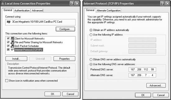 Left: In this dialog box, double-click the Internet Protocol (TCP/IP) item that corresponds to your Ethernet card. Right: Your cable or phone company generally configures these settings for you. But if a freak solar eclipse wipes out all of your settings, you can re-enter them here. When you click OK, you should be back online.