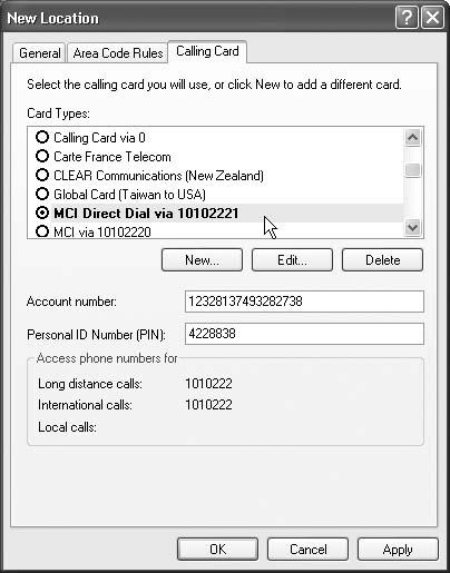 Windows XP already knows about the dialing requirements for most major calling cards. When you choose one from the Card Types list box at top, Windows XP automatically fills in the fields at the bottom with the correct information. On the remote chance you can’t find your own card, just type in the necessary dialing codes manually.