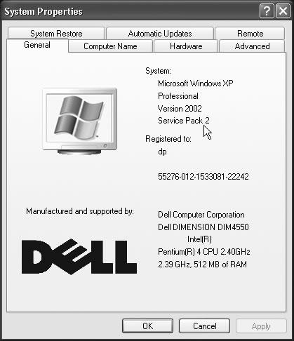 To see if your PC has Service Pack 2 installed, right-click My Computer. From the shortcut menu, choose Properties. On the General pane, you’ll see the phrase “Service Pack 2,” as shown here by the cursor.