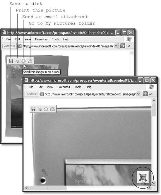 Top left: Internet Explorer automatically displays its image toolbar whenever your cursor points to a graphic. One click on its icons can save a graphic, print it, email it, or open your My Pictures folder to manage your collection. Bottom right: If you click the Expand button, you see the graphic at its regularly scheduled size, which may be much too big for your browser window. Click the Shrink button (circled) to make Internet Explorer do its shrink-to-fit favor for you once again.