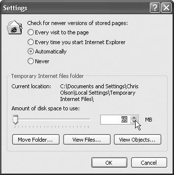 To change the size of your cache folder, click the Settings button in the General tab of the Internet Options dialog box (Figure 11-6), and then adjust the number shown here. Enlarging the number makes it possible to store more files, enhancing the odds that when you revisit a Web site you’ve seen before, it will pop up onto the screen quickly. To see the temporary files (if you can even think of a reason to do so), click the View Files button. To view a list of programs you’ve downloaded, click the View Objects button.
