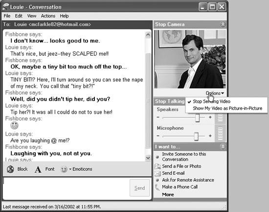 During the video conversation, don’t miss the Options drop-down menu. Use the Stop Sending Video command when, for example, you’d like to pick your nose in privacy. Turn on Show My Video as Picture-in-Picture if you want to see your own image in the lower-right corner of the larger one, in order to see both participants at once.