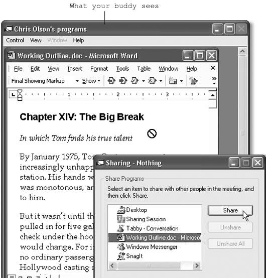 Lower right: The Sharing window, where you specify which programs you want your comrade to see, and even control. Back left: Until your chat partner has been given control, she can see precisely what you see—but can’t edit it or touch it in any way. The slashed-circle cursor should tell her as much. Asking for permission to take over the driver’s seat, however, is as easy as choosing from the Control menu (top left).
