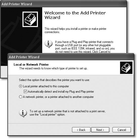 Top: As the note explains, use the Add Printer Wizard only if your printer doesn’t connect to your USB or FireWire (IEEE 1394) port. Bottom: In this window, try the “Automatically detect and install my Plug and Play printer” option first, as shown here. If Windows can’t automatically detect the brand and model of the printer you’ve attached, return to this screen and turn off this option. You’ll wind up in the dialog box shown in the next illustration.