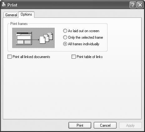 The Web page about to be printed uses frames (individual, independent, rectangular sections). The Print dialog box in Internet Explorer recognizes frames, and lets you specify exactly which frame or frames you want to print. If the page contains links to other Web pages (and these days, what Web page doesn’t?), you can print those Web pages, too, or just print a table of the links (a list of the URL addresses).