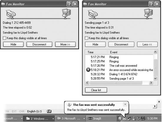 Top left: The Fax Monitor keeps you posted during faxing. If you click More>>, you can see a log of all your fax activities (top right). The more you use the fax software, the less you may feel that you need this little window in your face—eventually, you may prefer to continue working while Windows does its faxing in the background. In that case, click Hide. Bottom: After you’ve faxed successfully, you hear a tiny trumpet fanfare and see this message on your notification area.