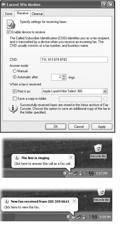 Top: This dialog box offers all of the options for receiving faxes. Getting here, however, is no picnic. Right-click the Fax icon in your Printers and Faxes window; choose Properties. Click the Devices tab, and then click the Properties button. In the resulting dialog box, click the Receive tab. Middle: If you have only one phone line that your telephone shares, this note will appear every time a call comes in. Most of the time, you’ll just answer the phone, and this message goes away. If you click it, though, your PC treats the call as an incoming fax. Bottom: Once a fax is safely snuggled into your Fax Console program, this note lets you know.