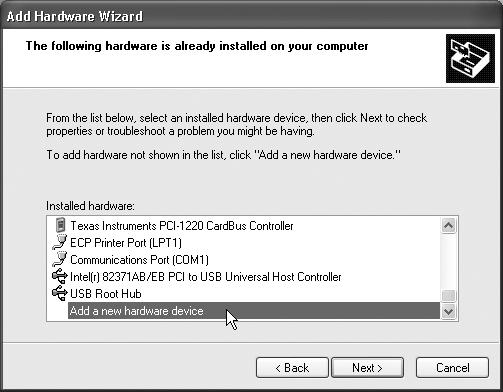 Why does the wizard display a list of components you’ve already successfully installed? Because you can also use the Add Hardware Wizard to troubleshoot PC components you’ve already installed, using this very screen. Furthermore, Windows may have detected, but not precisely identified, something you’ve installed. For example, If you just installed a network adapter, and the list contains a generic Network Adapter entry with a question mark and a yellow ! circle, you can select it to install the correct driver.