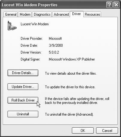 When you double-click a component listed in your Device Manager and then click the Driver tab, you find four buttons and a lot of information. The Driver Provider information, for example, lets you know who is responsible for your current driver--Microsoft or the maker of the component. Click the Driver Details button to find out where on your hard drive the actual driver file is, the Update Driver button to install a newer version, the Roll Back Driver button to reinstate the earlier version, or the Uninstall button to remove the driver from your system entirely--a drastic decision.