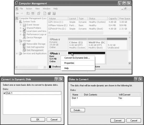 Top: To convert a basic disk to a dynamic disk, right-click the header box for the drive and choose Convert to Dynamic Disk from the shortcut menu. Don’t right-click one of the partitions—you must click the header box. Bottom left: The Convert to Dynamic Disk dialog box lists the drives that are eligible for conversion to dynamic disks. You can even select and convert several disks at once. Bottom right: The Disks to Convert dialog box lists the dynamic volumes that Windows XP will automatically create on your newly converted drives.