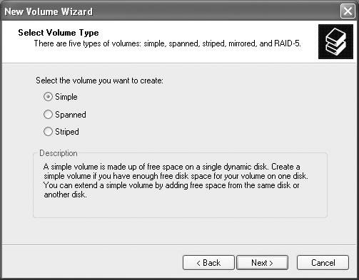 The Select Volume Type screen of the New Volume Wizard displays the dynamic volume types that you can create on your computer. Click one to read a description at the bottom of the dialog box.