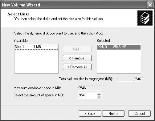 On the Select Disks screen, you specify where you want to get the unallocated space that the wizard will use to create the dynamic volume. When creating a simple volume, you can only select one disk, but for spanned or striped volumes, you can select up to 32.