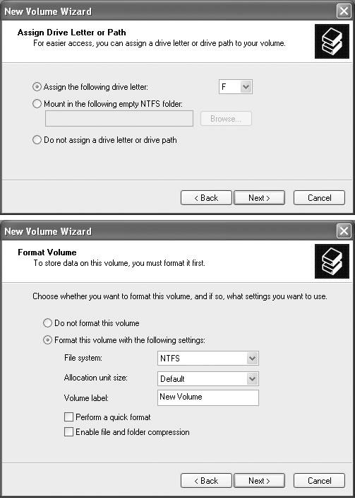 Top: On the Assign Drive Letter or Path screen, you specify what drive letter you want to use for the new volume. Alternatively, you can mount it as a folder on an NTFS drive. Bottom: The Format Volume screen lets you format your new dynamic volume as soon as it’s created, as well as specify a volume name and turn on disk compression. Because this is a dynamic disk, NTFS is the only file system available for formatting.