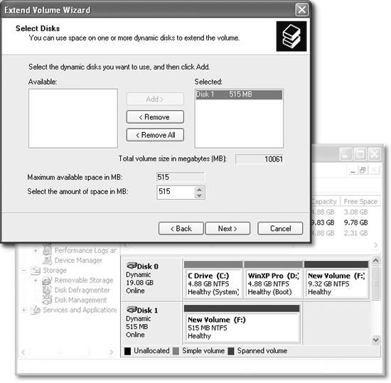 Top: When extending a volume to another disk, click its name in the Available column before adding it to the Selected column. Bottom: A dynamic volume extended to another disk appears in the Disk Management console with the same color header bar and the same drive letter. Note, too, that the volume list in the upper-right quadrant of this dialog box identifies this volume as “Spa” (which, if you could see the whole word, would say “Spanned”).