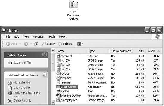 Top: A Zip archive looks like an ordinary folder—except for the tiny zipper. Bottom: Double-click one to open its window and see what’s inside. Notice (in the Ratio column) that JPEG graphics and GIF graphics usually don’t become much smaller than they were before zipping, since they’re already compressed formats. But word processing files, program files, and other file types reveal quite a bit of shrinkage.