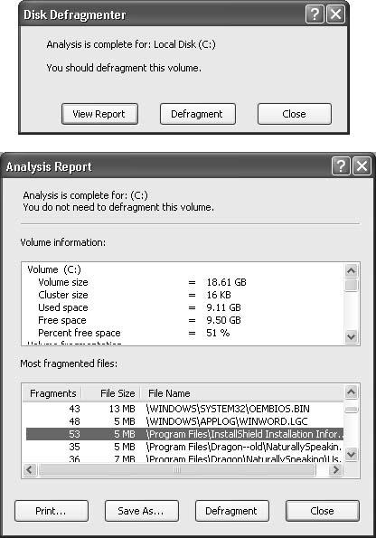 Windows lets you know whether or not you’ll gain anything by defragmenting your hard drive (top). If you’re terminally curious, click View Report. A dialog box then appears (like the one here at bottom), listing each individual file on your hard drive and revealing the extent of its fragmentation.
