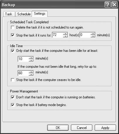 Some of the factory settings for scheduled tasks are a bit ridiculous. For example, it’s probably a good idea to stop a task if it runs longer than 4 or 5 hours, not 72 hours. In fact, except for defragging the hard drive, most scheduled tasks should take less than an hour. The bottom section of the dialog box applies to laptop computers.