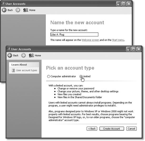 Top left: If it’s all in the family, the account’s name could be Chris or Robin. If it’s a corporation or school, you’ll probably want to use both first and last names. Capitalization doesn’t matter, but most punctuation is forbidden. Bottom right: This is the master switch that lets you specify whether or not this unsuspecting computer user will be a computer administrator, as described above.