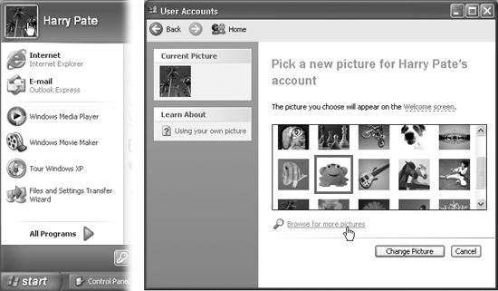 Right: Here’s where you change your account picture. If a camera or scanner is attached, you get an extra link here, “Get a picture from a camera or scanner”— instant picture. And here’s a tip: If you like to change your picture with your mood, there’s a shortcut to this dialog box. Just click your picture at the top of the open Start menu (left).