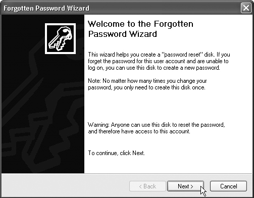 The screens of this wizard guide you through the process of inserting a blank floppy disk and preparing it to be your master skeleton key. If you forget your password—or if some administrator has changed your password—you can use this disk to reinstate it without the risk of losing all of your secondary passwords (memorized Web passwords, encrypted files, and so on).