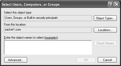 When you click the Object Types button, you can specify whether you want to search for Built-in Security Principals (special-purpose groups like Everyone and Authenticated Users), Computers, Groups, or Users. Also, the standard location for the objects is your current domain. You can still click the Location button and select your computer’s name (to specify local user and group accounts), or even choose another domain on the network, if others are available.