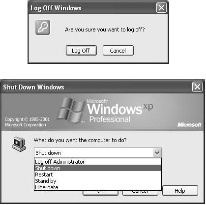 Top: Logging off on a Windows XP Professional domain computer is simpler than on a workgroup, because you can’t switch users. Bottom: Selecting Shut Down on a Windows XP Pro computer that’s a member of a domain lets you log off the domain or perform one of the usual shutdown options.