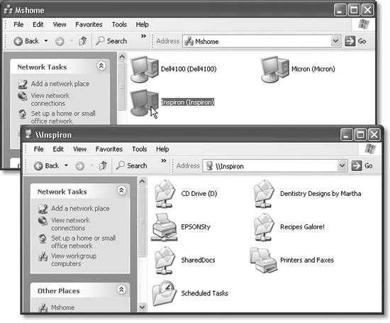 Top: If you know that the folder or file you’re looking for resides on a particular PC, it’s often more convenient to start your quest at this window. Bottom: Double-click one of these computers to see a list of its shared resources (folders, disks, and printers), as shown here.