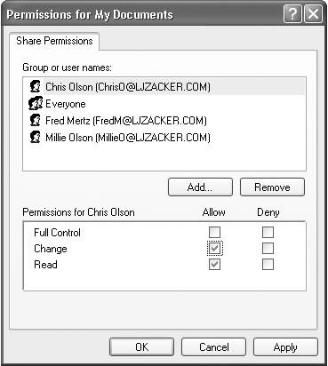 Top: The Permissions dialog box lets you control how much access each person has to the folder you’re sharing. Using the top list, specify which people (or groups of people) can access your shared folder over the network. Bottom: When you click Add in the box above, this box appears. Click Find Now to locate a person’s name; click the name and then click OK.