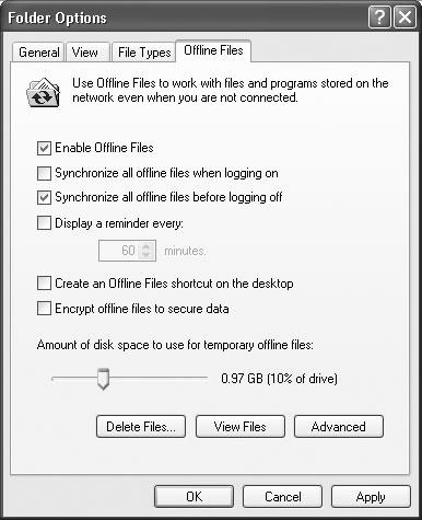 You must turn on Enable Offline Files to activate this feature. This is also your opportunity to specify when the synchronizing takes place, so that the process is automated and the files are kept up-to-date on both your hard drive and the network.