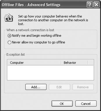“Never allow my computer to go offline” doesn’t actually prevent your computer from disconnecting from the network; it means that you’d rather stop working with offline files when the network connection is lost.