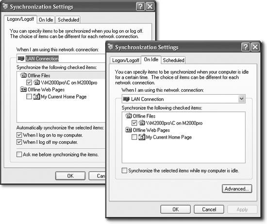 Left: The Logon/Logoff tab lets you specify which files and folders you want to synchronize automatically, and when you want them synchronized (when logging in, logging out, or both). Right: The On Idle tab allows you to specify which files and folders you want synchronized when your computer is momentarily unused. (Note that this dialog box also includes controls for managing offline Web pages, an Internet Explorer feature that lets you grab pages off the Web for reading later.)
