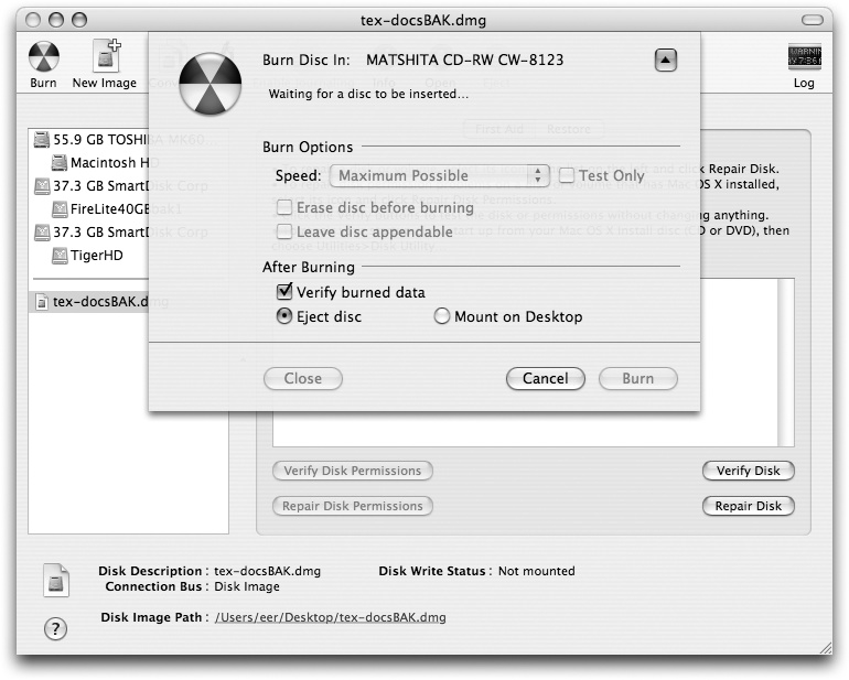 Burning a disk image with the Disk Utility