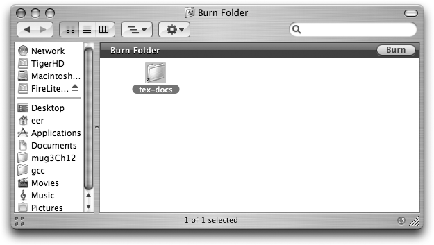 A burnable folder containing an alias of a folder to be burned to a CD