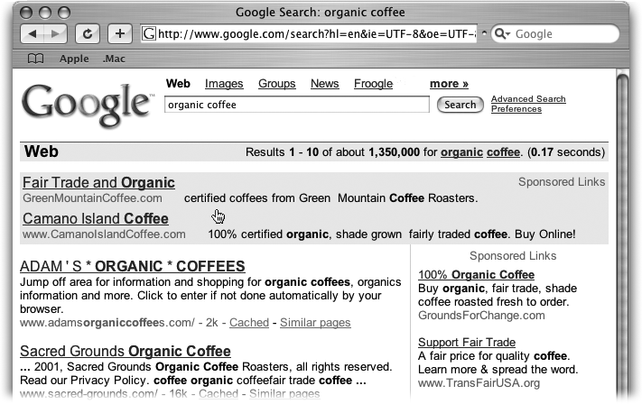 Across the very top is the search box with your query, plus the familiar links from the Google home page. You can change your query by clicking in the box and adding more terms or by deleting what’s there and running a new search. Under that is the summary bar—and sometimes ads.