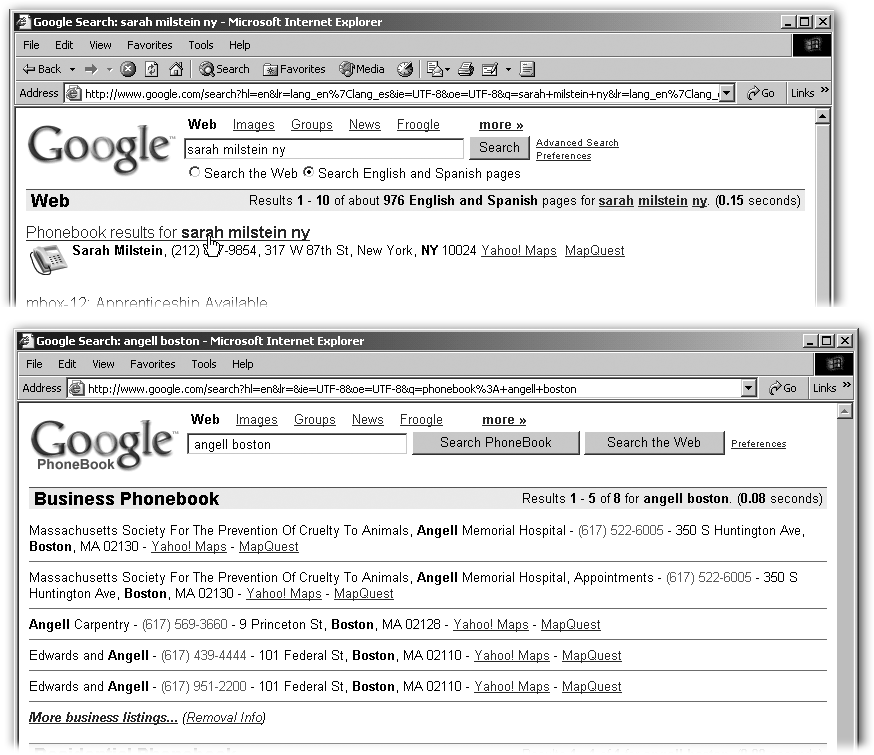 Top: You get just one or two results when you know lots of details beforehand—like the full name of the person or business, and their state or Zip code—so you’re likely to hit the right result.Bottom: A full listing is the way to go when you have only a partial name and a state. (Either way, the listings are sometimes out of date, as shown at top.)